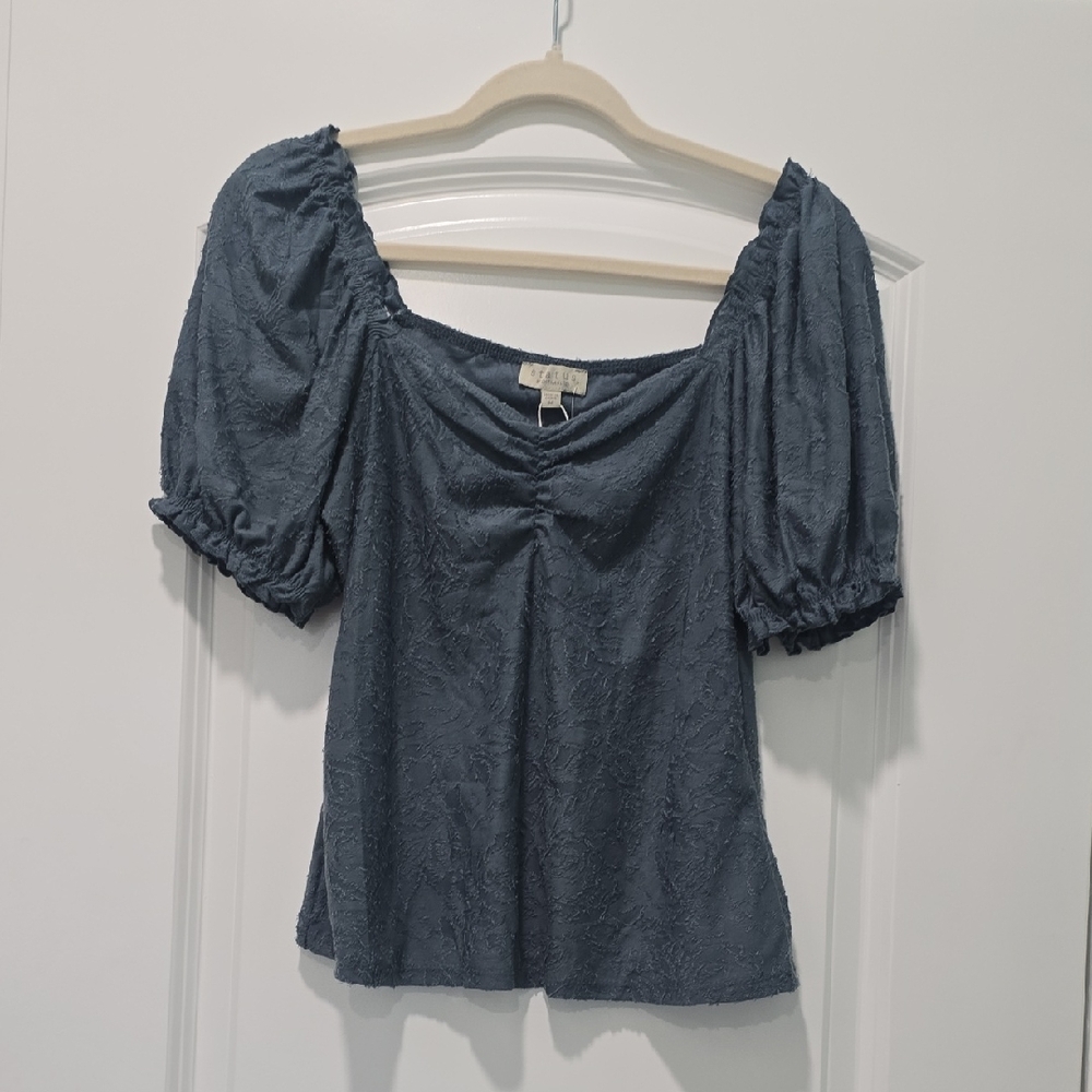 Chic Slate Blue Puff Sleeve Blouse